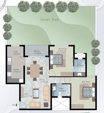 Floor plan of 2 BHK 1506 Sq. Ft. Apartment in Prestige Silver Crest, Bangalore