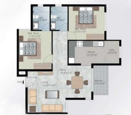 Floor plan of 2 BHK 1532 Sq. Ft. Apartment in Prestige Silver Crest, Bangalore