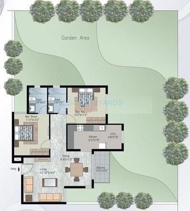 Floor plan of 2 BHK 1899 Sq. Ft. Apartment in Prestige Silver Crest, Bangalore