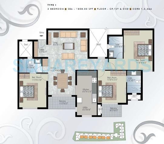 Floor plan of 3 BHK 1808 Sq. Ft. Apartment in Prestige Silver Crest, Bangalore