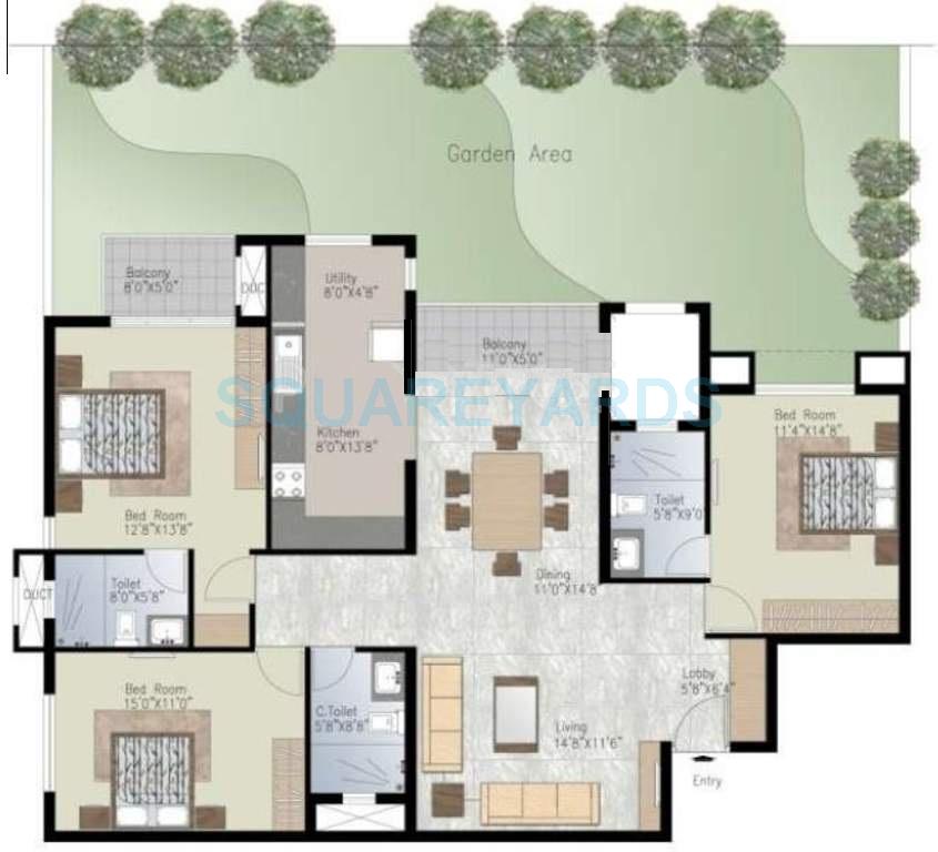 Floor plan of 3 BHK 2402 Sq. Ft. Apartment in Prestige Silver Crest, Bangalore
