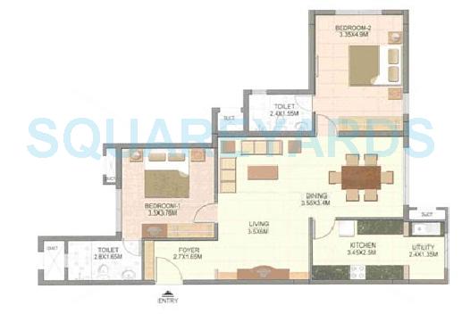 Floor plan of 2 BHK 1298 Sq. Ft. Apartment in Prestige Silver Dale, Bangalore