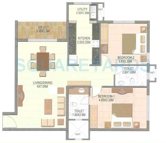 Floor plan of 2 BHK 1311 Sq. Ft. Apartment in Prestige Silver Dale, Bangalore