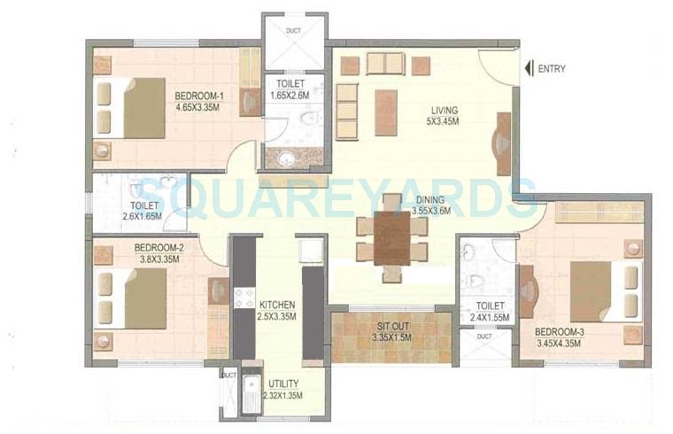 Floor plan of 3 BHK 1626 Sq. Ft. Apartment in Prestige Silver Dale, Bangalore