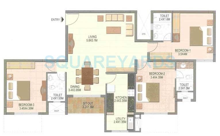 Floor plan of 3 BHK 1670 Sq. Ft. Apartment in Prestige Silver Dale, Bangalore