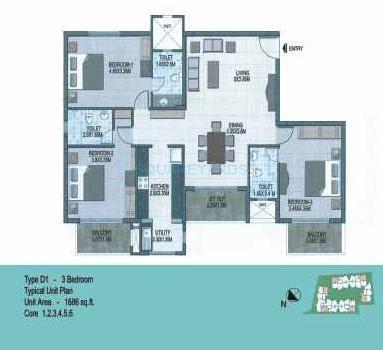 Floor plan of 3 BHK 1686 Sq. Ft. Apartment in Prestige Silver Dale, Bangalore