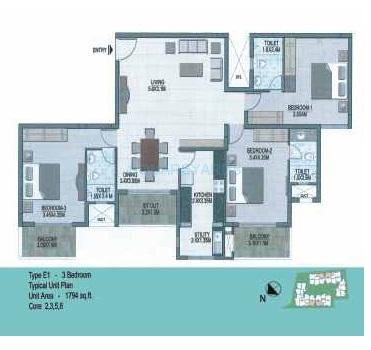 Floor plan of 3 BHK 1794 Sq. Ft. Apartment in Prestige Silver Dale, Bangalore