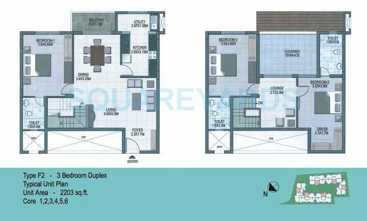 Floor plan of 3 BHK 2203 Sq. Ft. Apartment in Prestige Silver Dale, Bangalore