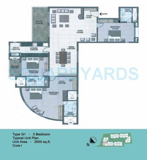 Floor plan of 3 BHK 2500 Sq. Ft. Apartment in Prestige Silver Dale, Bangalore