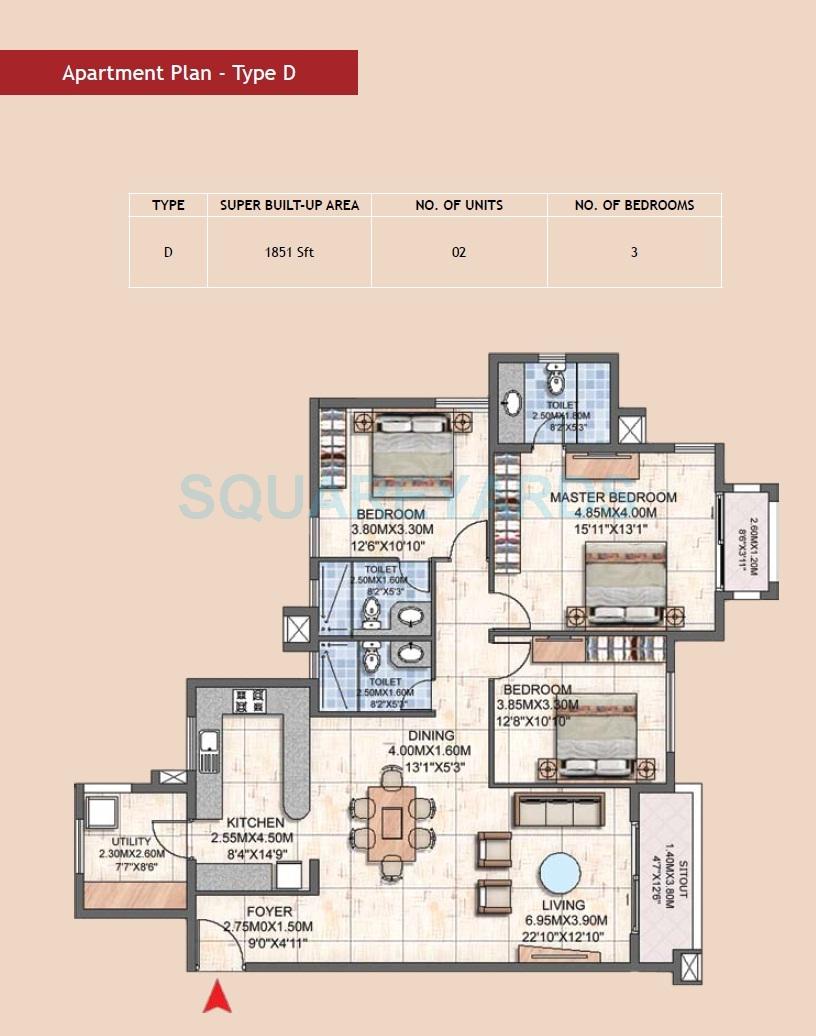 Floor plan of 3 BHK 1851 Sq. Ft. Apartment in Prestige Silver Oak Apartment, Bangalore