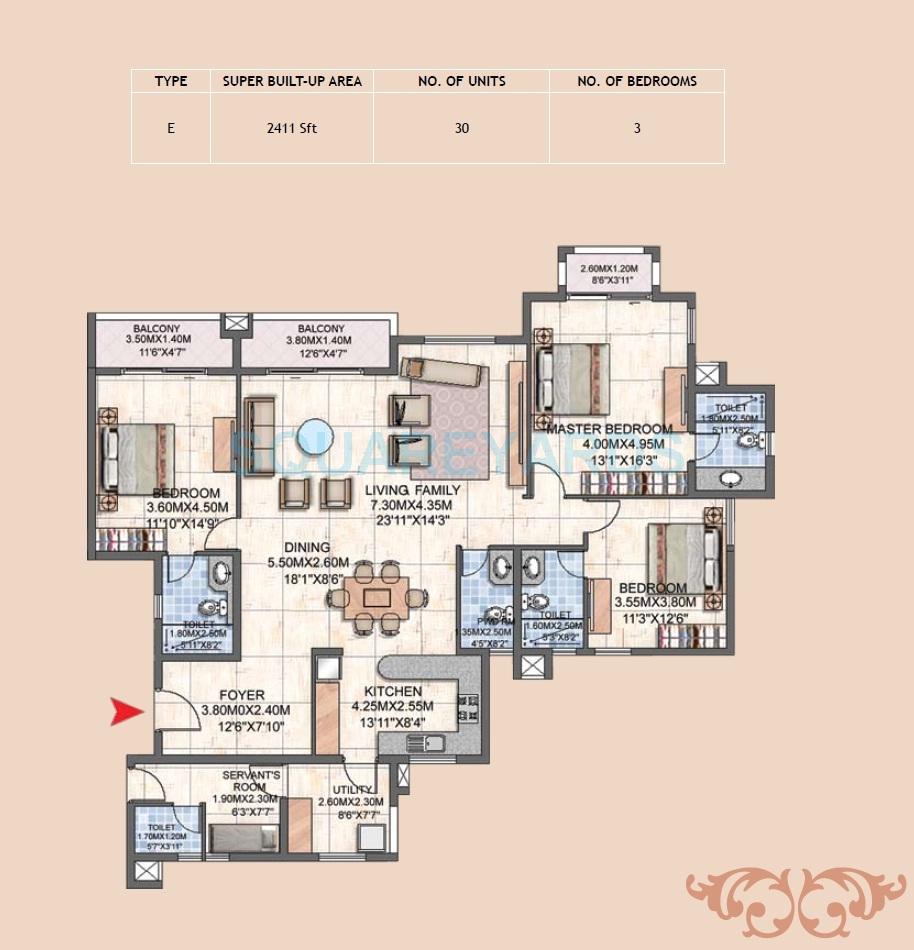 Floor plan of 3 BHK 2411 Sq. Ft. Apartment in Prestige Silver Oak Apartment, Bangalore