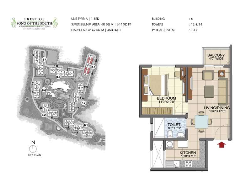 1 BHK 644 Sq. Ft. Apartment in Prestige Song Of The South