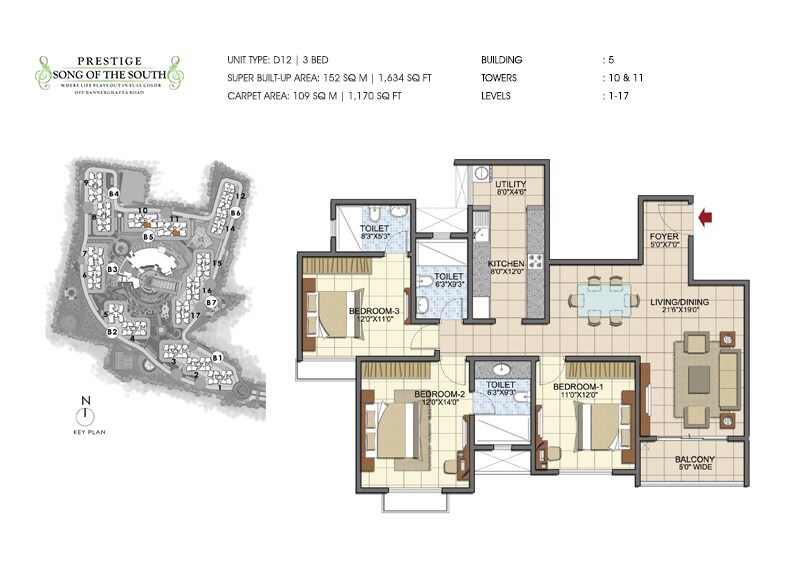 Floor plan of 3 BHK 1634 Sq. Ft. Apartment in Prestige Song Of The South, Bangalore