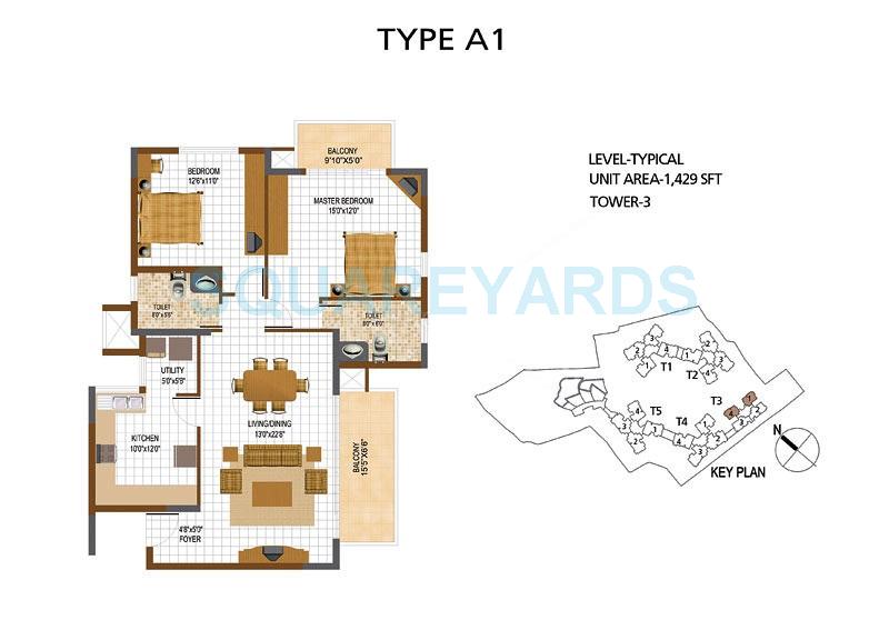 Floor plan of 2 BHK 1429 Sq. Ft. Apartment in Prestige South Ridge, Bangalore