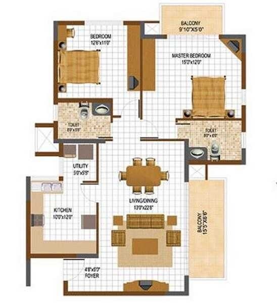 Floor plan of 2 BHK 2100 Sq. Ft. Apartment in Prestige South Ridge, Bangalore