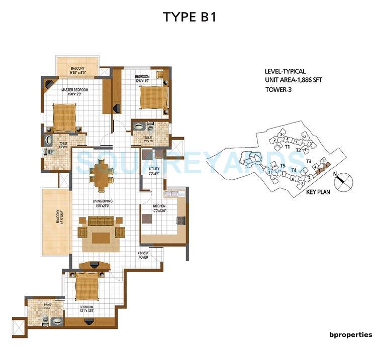 Floor plan of 3 BHK 1886 Sq. Ft. Apartment in Prestige South Ridge, Bangalore
