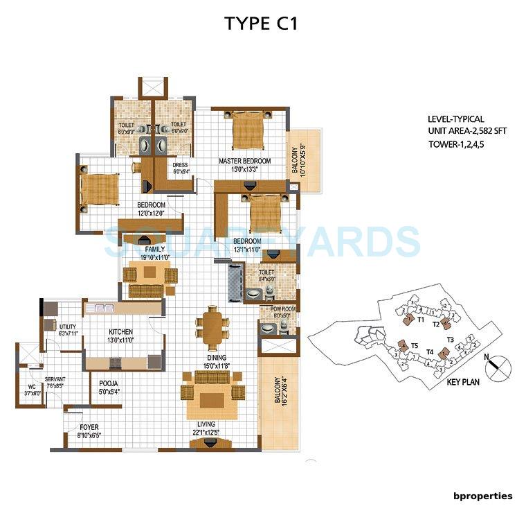 Floor plan of 3 BHK 2582 Sq. Ft. Apartment in Prestige South Ridge, Bangalore