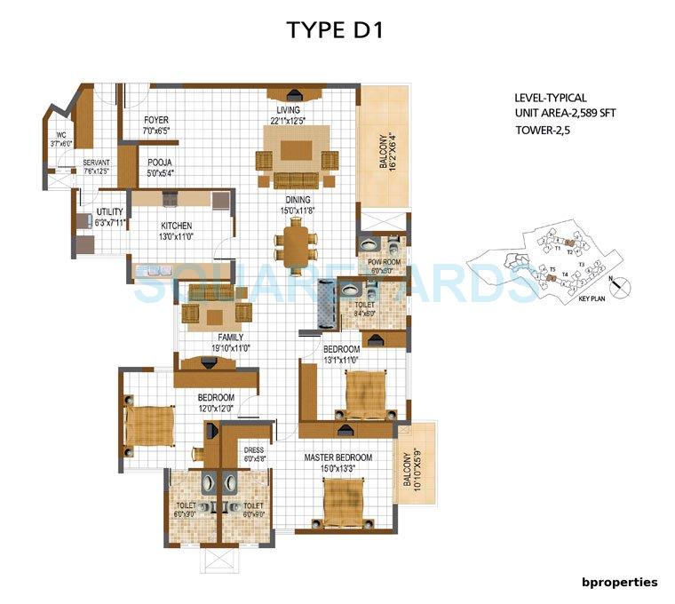 Floor plan of 3 BHK 2589 Sq. Ft. Apartment in Prestige South Ridge, Bangalore