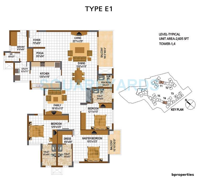 Floor plan of 3 BHK 2605 Sq. Ft. Apartment in Prestige South Ridge, Bangalore