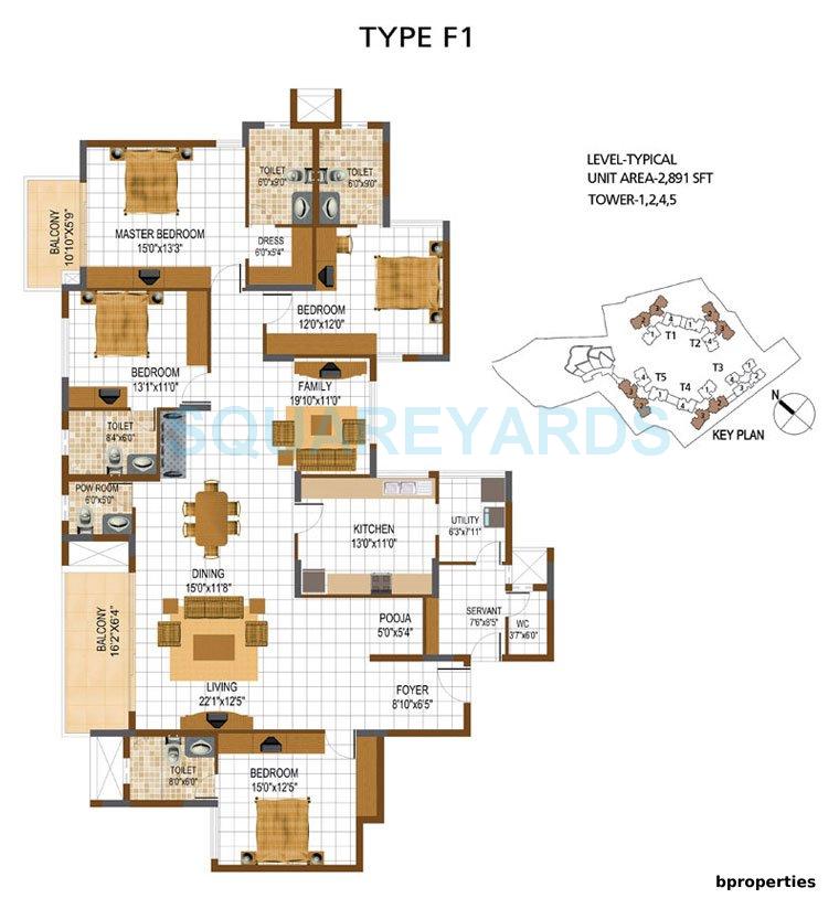 Floor plan of 4 BHK 2891 Sq. Ft. Apartment in Prestige South Ridge, Bangalore