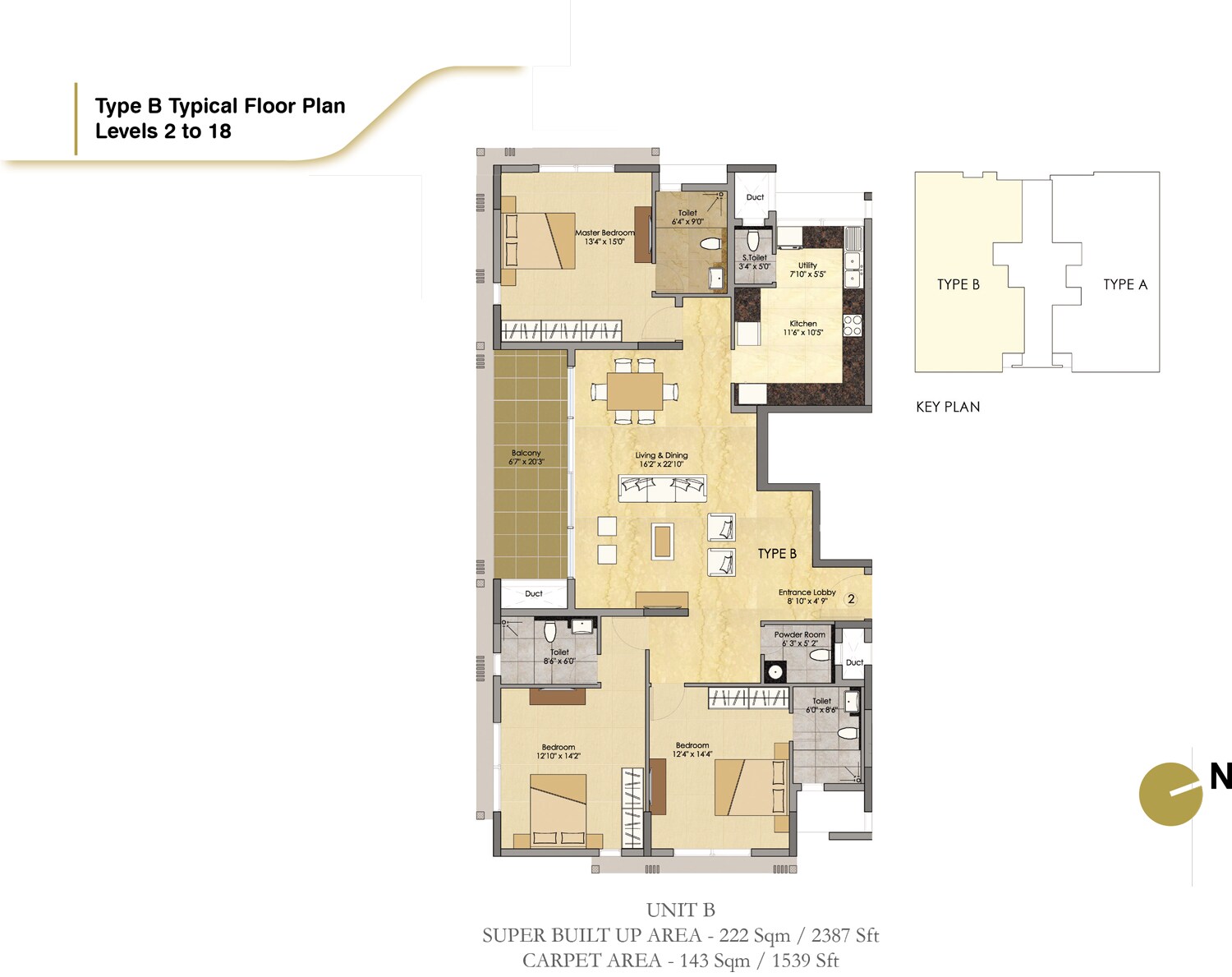 Floor plan of 3 BHK 2387 Sq. Ft. Apartment in Prestige Spencer Heights, Bangalore