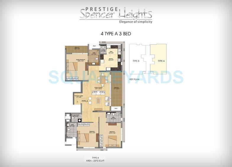 Floor plan of 3 BHK 2372 Sq. Ft. Apartment in Prestige Spencer Heights, Bangalore
