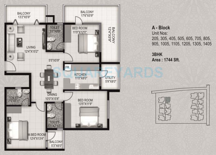 Floor plan of 3 BHK 1744 Sq. Ft. Apartment in Prestige St Johns Woods, Bangalore