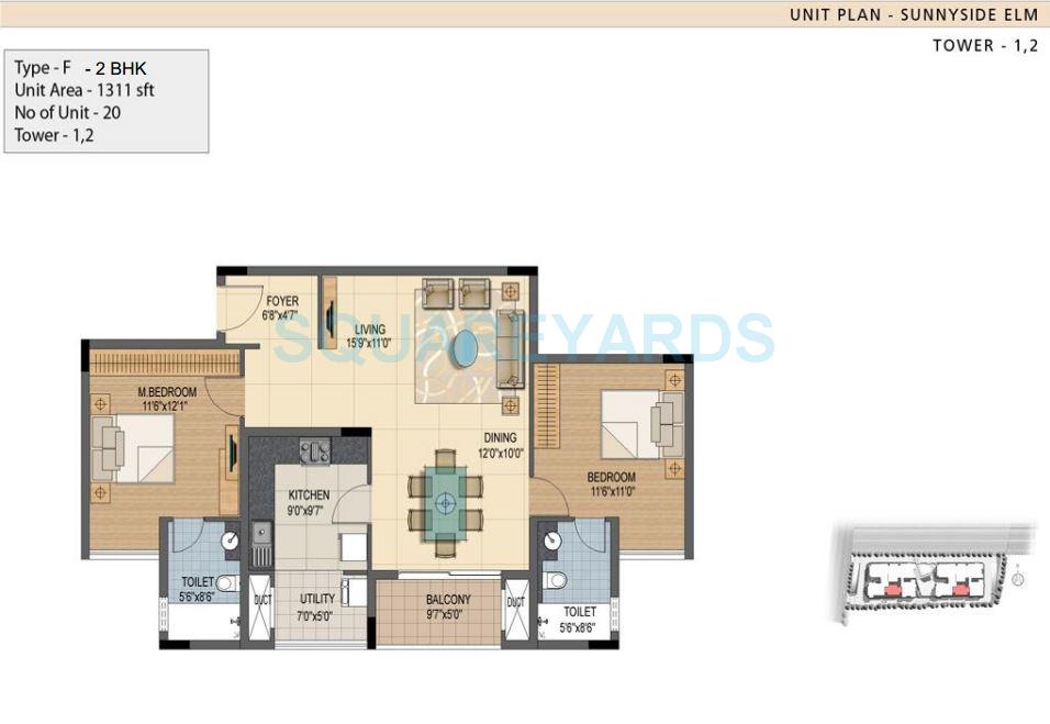 Floor plan of 2 BHK 1311 Sq. Ft. Apartment in Prestige Sunnyside, Bangalore