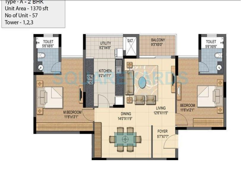 Floor plan of 2 BHK 1370 Sq. Ft. Apartment in Prestige Sunnyside, Bangalore