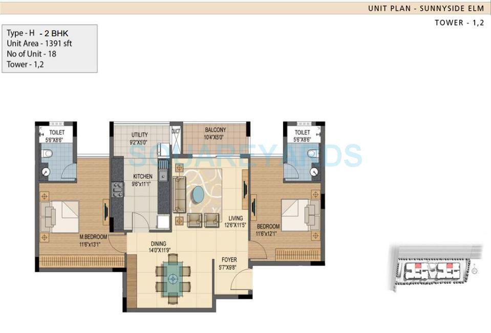 Floor plan of 2 BHK 1391 Sq. Ft. Apartment in Prestige Sunnyside, Bangalore