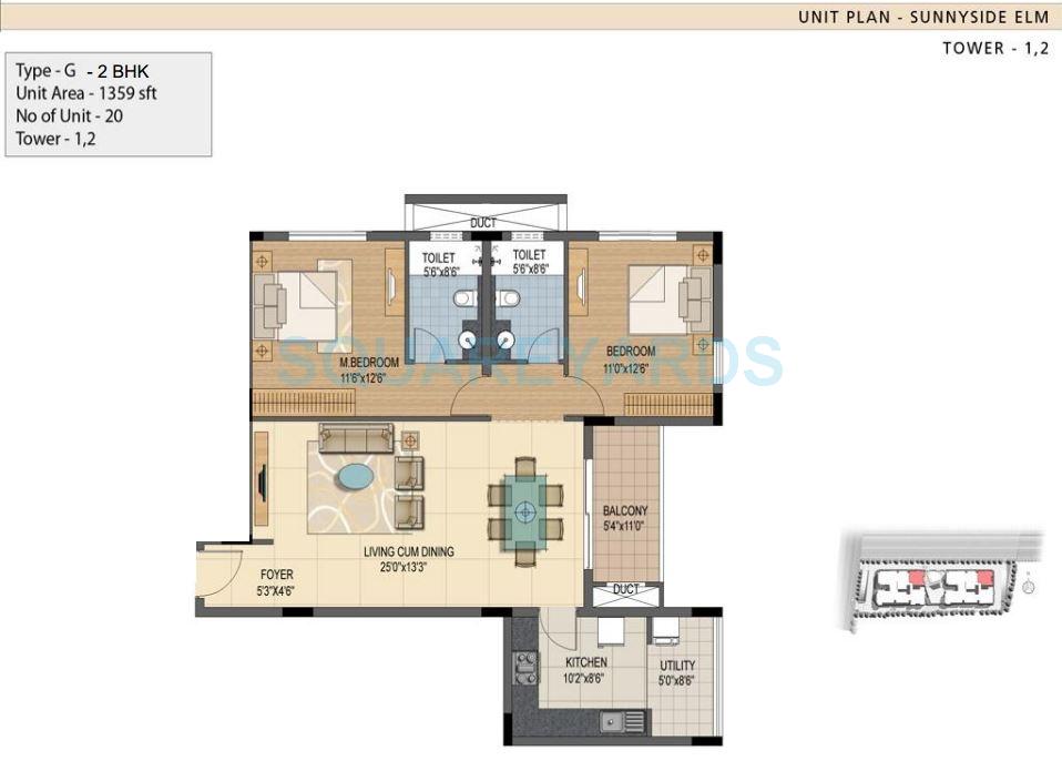 Floor plan of 2 BHK 1359 Sq. Ft. Apartment in Prestige Sunnyside, Bangalore