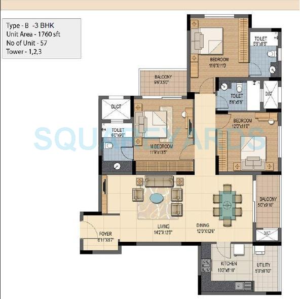 Floor plan of 3 BHK 1760 Sq. Ft. Apartment in Prestige Sunnyside, Bangalore