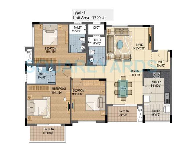 Floor plan of 3 BHK 1790 Sq. Ft. Apartment in Prestige Sunnyside, Bangalore
