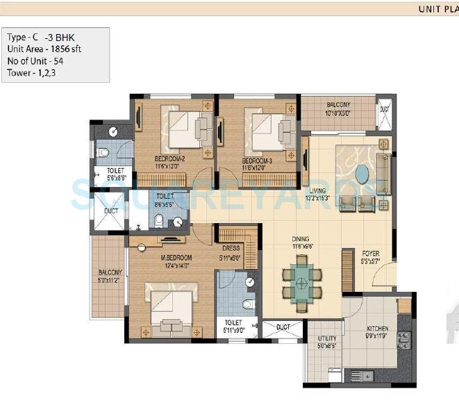 Floor plan of 3 BHK 1856 Sq. Ft. Apartment in Prestige Sunnyside, Bangalore