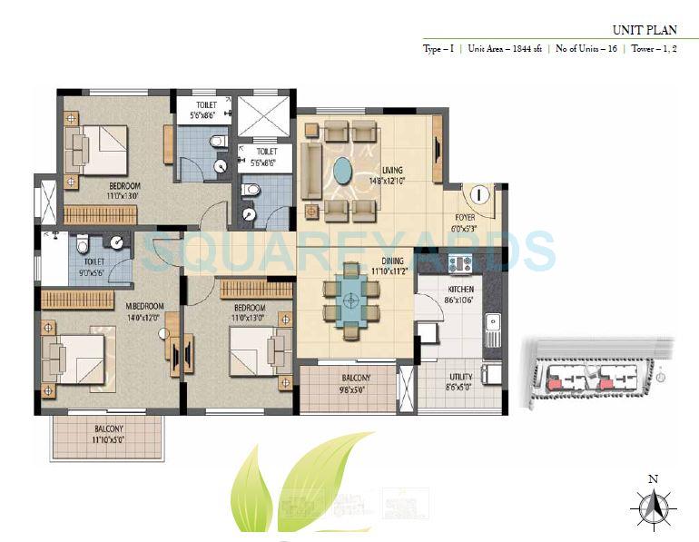 Floor plan of 3 BHK 1884 Sq. Ft. Apartment in Prestige Sunnyside, Bangalore