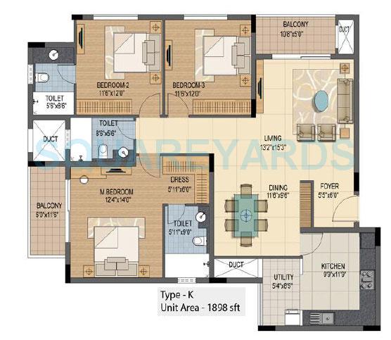 Floor plan of 3 BHK 1898 Sq. Ft. Apartment in Prestige Sunnyside, Bangalore