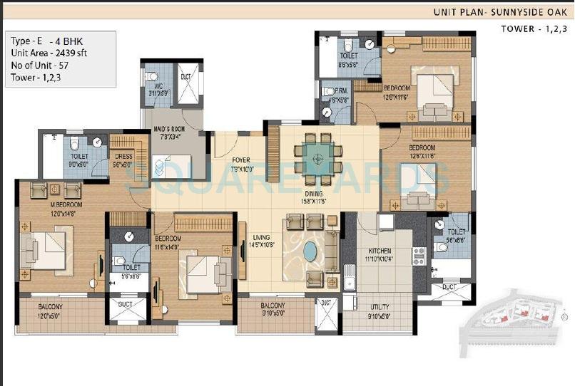 Floor plan of 4 BHK 2439 Sq. Ft. Apartment in Prestige Sunnyside, Bangalore