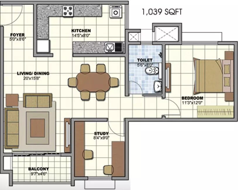 Floor plan of 1 BHK 1039 Sq. Ft. Apartment in Prestige Sunrise Park, Bangalore