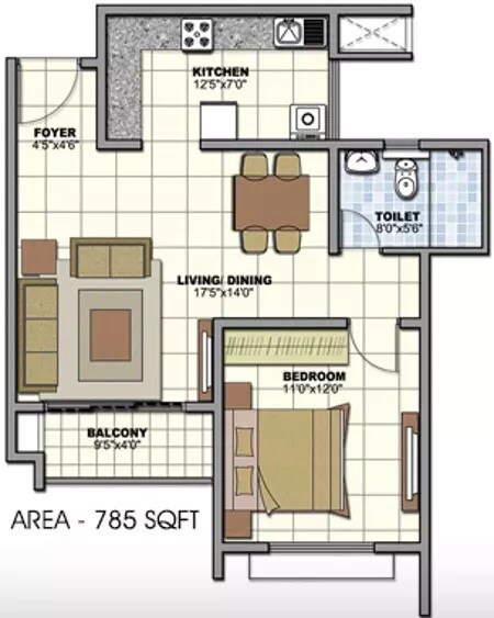 Floor plan of 1 BHK 785 Sq. Ft. Apartment in Prestige Sunrise Park, Bangalore
