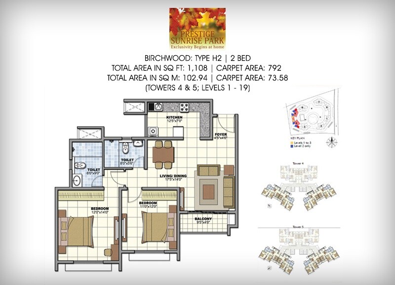 Floor plan of 2 BHK 1108 Sq. Ft. Apartment in Prestige Sunrise Park, Bangalore