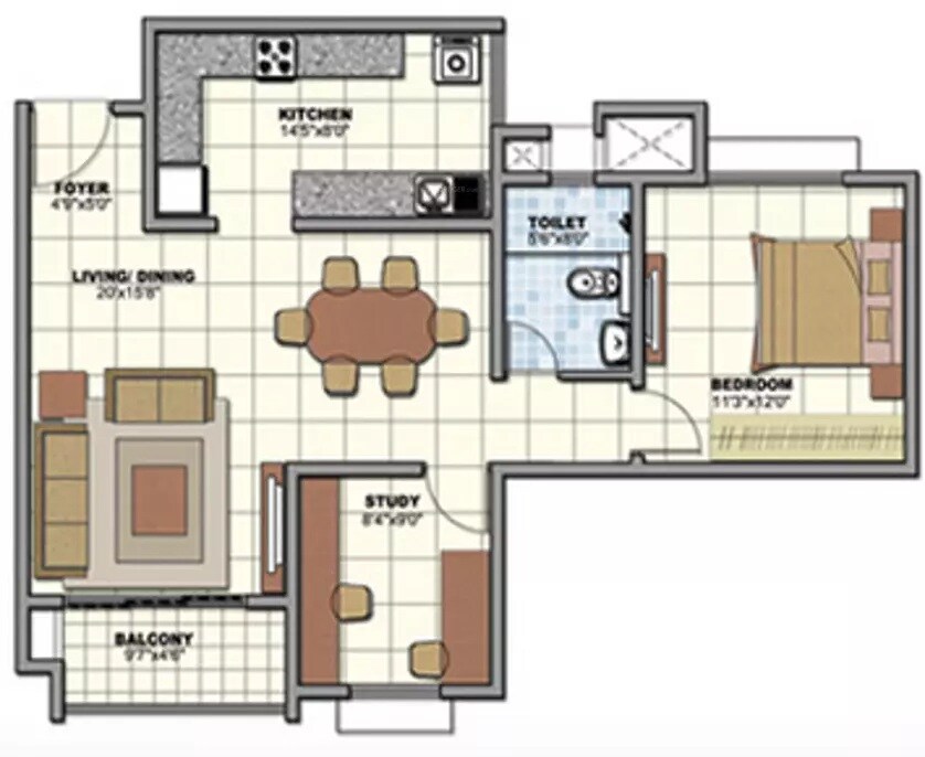 Floor plan of 1 BHK 1007 Sq. Ft. Apartment in Prestige Sunrise Park Brichwood, Bangalore