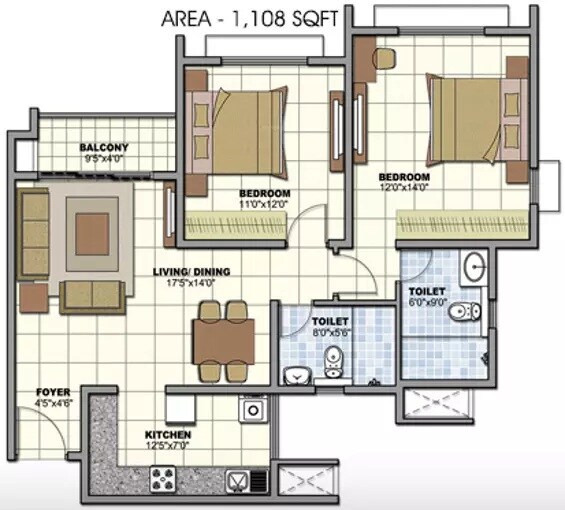 Floor plan of 2 BHK 1108 Sq. Ft. Apartment in Prestige Sunrise Park Brichwood, Bangalore