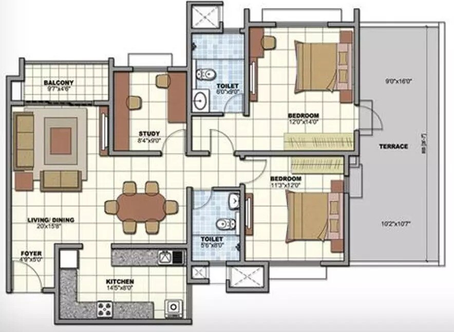 Floor plan of 2 BHK 1431 Sq. Ft. Apartment in Prestige Sunrise Park Brichwood, Bangalore
