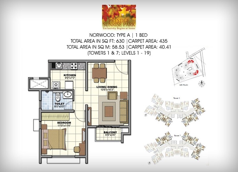 Floor plan of 3 BHK 1615 Sq. Ft. Apartment in Prestige Sunrise Park Brichwood, Bangalore