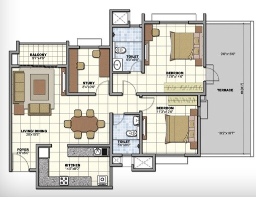 Floor plan of 2 BHK 1386 Sq. Ft. Apartment in Prestige Sunrise Park Norwood, Bangalore