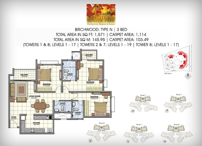 Floor plan of 3 BHK 1571 Sq. Ft. Apartment in Prestige Sunrise Park Norwood, Bangalore