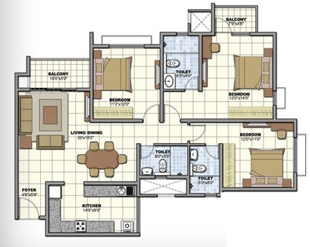 Floor plan of 3 BHK 1615 Sq. Ft. Apartment in Prestige Sunrise Park Norwood, Bangalore