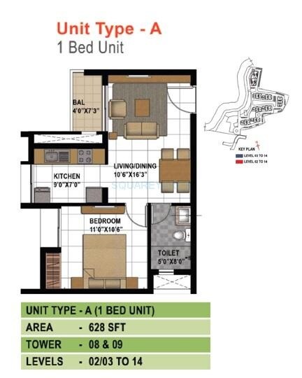 Floor plan of 1 BHK 628 Sq. Ft. Apartment in Prestige Temple Bells, Bangalore
