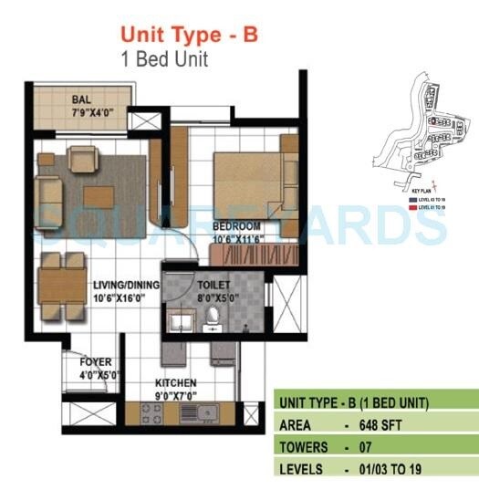 Floor plan of 1 BHK 648 Sq. Ft. Apartment in Prestige Temple Bells, Bangalore