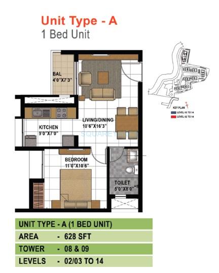 Floor plan of 1 BHK 628 Sq. Ft. Apartment in Prestige Bagamane Temple Bells, Bangalore